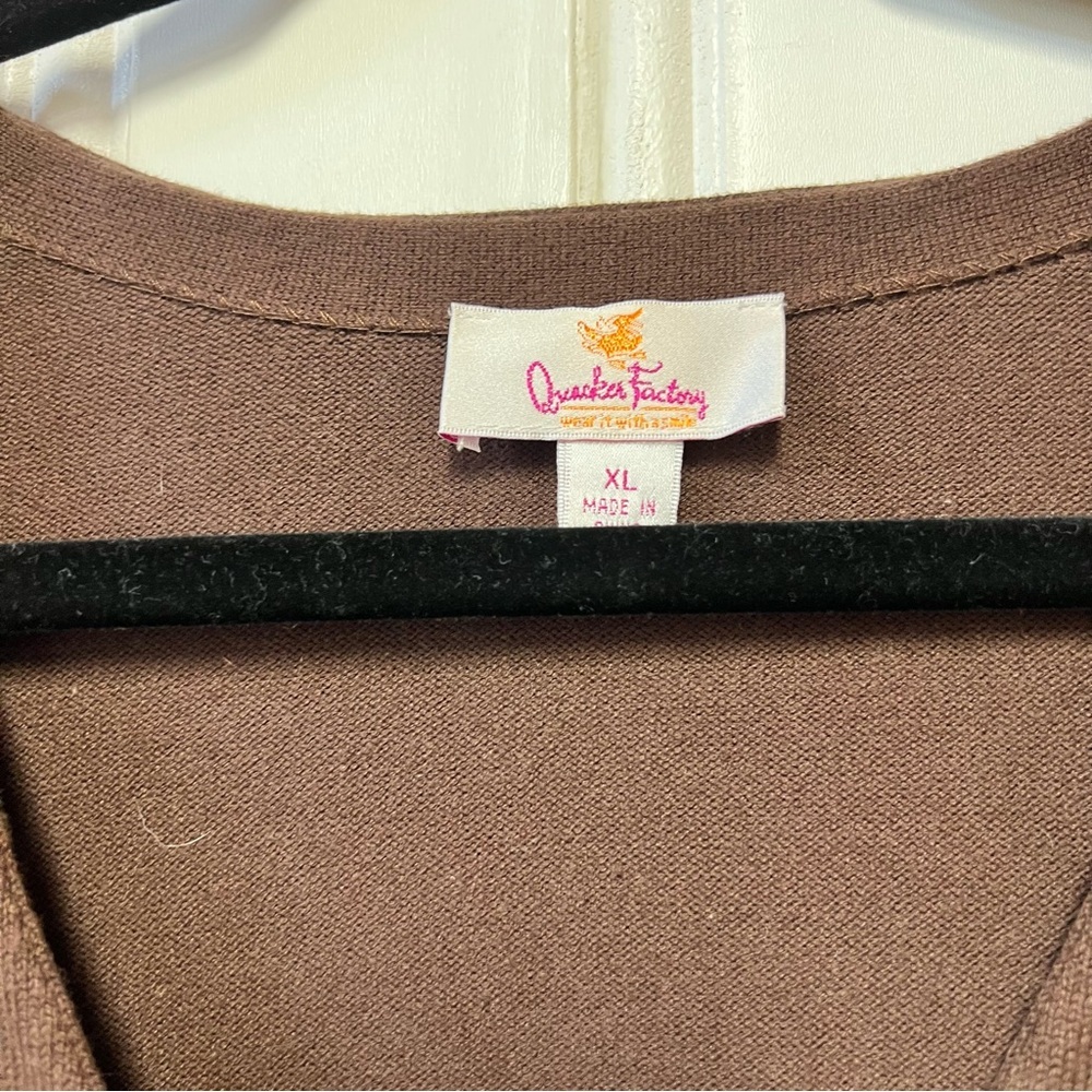 Quacker Factory Cardigan XL Brown Sequin Embellished Sweater Button Front Cute - Picture 5 of 7